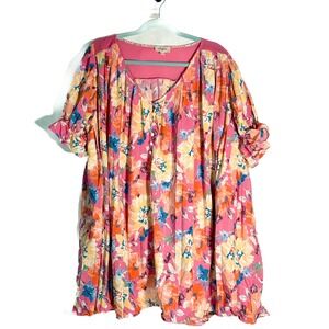 Umgee USA Pink Floral Print Pleated Tunic or Mini Dress coquette angel soft girl